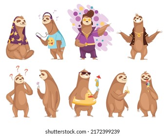 Sloth character. Cute cartoon sloth-bear character set. Funny lazy animal hand drawn clip art illustration. Jungle rainforest sloths. Tropical mammals or adorable sloths