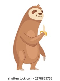 Caracter espumoso comiendo banana. Caricatura de oso perezoso. Animales perezosos divertidos, ilustración de dibujos a mano. La pereza de la selva selvática. Mamífero tropical o pereza adorable