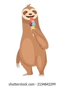 Sloth character eating icecream. Cute cartoon sloth-bear character. Funny lazy animal, hand drawn clip art illustration. Jungle rainforest sloth. Tropical mammal or adorable sloth