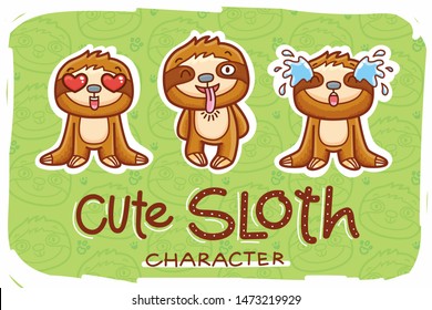 Sloth Character with face emotions: playful, friendly, crying, sad, in love with hearts. Hand drawn doodle illustration for web, stickers, emoji, emoticons, print, poster