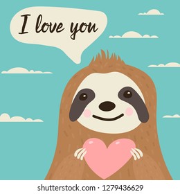 Sloth character in love with heart in hands - cute illustration ideal for valentine's day card with text “I love you”