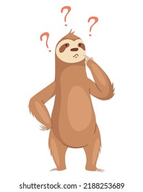 Sloth character with questions. Cute cartoon sloth-bear character. Funny lazy animal, hand drawn clip art illustration. Jungle rainforest sloth. Tropical mammal or adorable sloth
