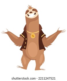Sloth character rich and happy. Cute cartoon sloth-bear character. Funny lazy animal, hand drawn clip art illustration. Jungle rainforest sloth. Tropical mammal or adorable sloth