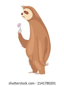 Sloth character sad conceived and with a flower. Cute cartoon sloth-bear character. Funny lazy animal, hand drawn clip art illustration. Jungle rainforest sloth. Tropical mammal or adorable sloth