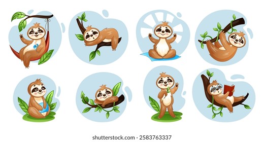 Sloth character set. Animal funny relaxing in jungle. Mascot happy sleepy. Graphic for child birthday. Lazy cute baby illustration. Childish print or poster. Vector tidy cartoon isolated illustration