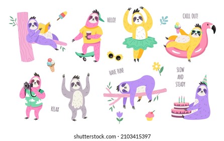 Sloth characters. Cute lazy animals in different poses, reading book, relaxing on tree branch, riding longboard, dancing on birthday party, childish decor elements, vector cartoon set