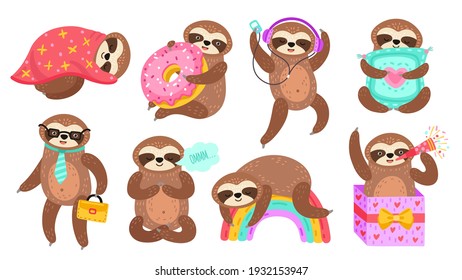 Sloth characters. Isolated sloths, lazy funny cartoon animal reading. Sleep on colorful rainbow, baby meditation dancing exact vector set