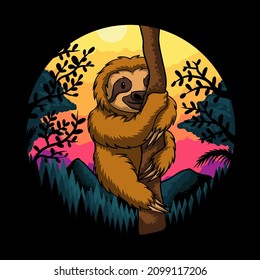 Sloth climb tree sunset retro vector illustration for your company or brand