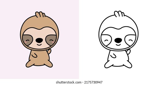 Sloth Clipart for Coloring Page and Multicolored Illustration. Adorable Clip Art Sloth. Vector Illustration of a Kawaii Animal for Coloring Pages, Prints for Clothes, Stickers, Baby Shower. 