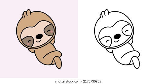 Sloth Clipart Multicolored and Black and White. Beautiful Clip Art Sloth. Vector Illustration of a Kawaii Animal for Prints for Clothes, Stickers, Baby Shower, Coloring Pages. 