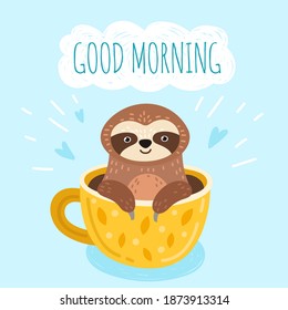 Sloth with coffee. Funny morning card, cute animal face in cup. Sweet creative scandinavian banner, exact cartoon fun jungle vector character