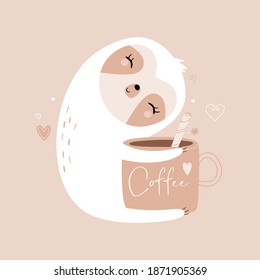 Sloth and coffee mug with lettering. Trendy flat style. Pastel colored vector illustration.