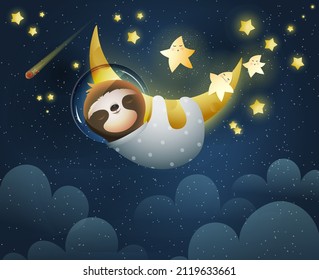 Sloth cosmonaut sleeping on the shiny golden moon, cosmic background with clouds and stars. Cute sleeping sloth on the moon at starry night. Vector illustration for children and little kids.