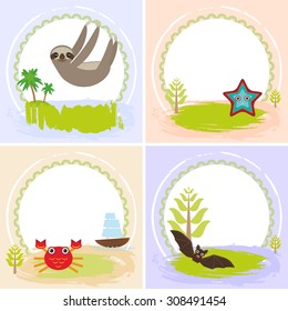 sloth, crab, cancer, starfish, bat, set of cards design  with funny animals, template banner for your text with round frame. Vector