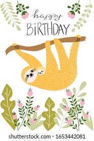 A sloth with a cub hangs on a branch. Greeting card with typography Happy Birthday. Scandinavian style, flat vector illustration.