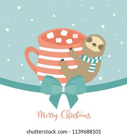 Sloth with cup of cacao. Christmas greeting, season wishes