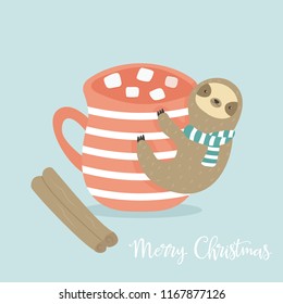 Sloth with cup of cacao and cinnamon bark. Christmas greeting, season wishes