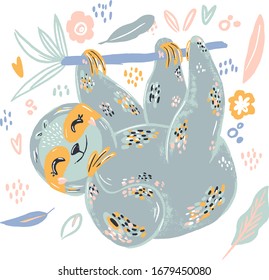 Sloth cute doodle hand drawn flat vector illustration. Cartoon abstract animal in scandinavian style. Wild rainforest animal. Grass branches with leaves, flowers and spots design element. Tropical