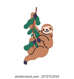 Sloth, cute tropical animal. Funny lazy mammal hanging on tree branch, smiling. Adorable kawaii wild fauna character in jungle. Friendly zoo. Flat vector illustration isolated on white background