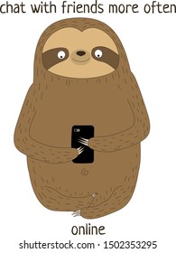 Sloth. Cute vector sloth bear animal character with smartphone. Vector funny sloth illustration for tropical design. Adorable cartoon animal