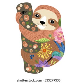 Sloth with a decorative floral pattern hanging on tree branch. Cute cartoon character. Vector illustration