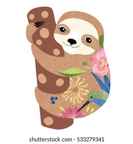 Sloth with a decorative floral pattern hanging on tree branch. Cute cartoon character. Vector illustration