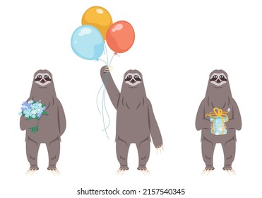 Sloth with different holiday attributes. Animal in cartoon style.