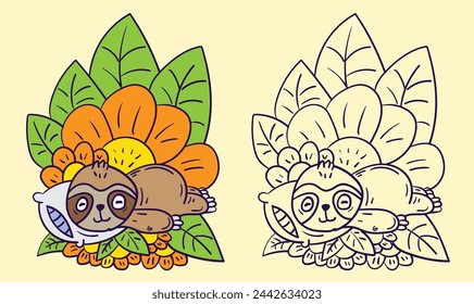 sloth doodle cute animal illustration for book coloring page