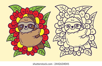 sloth doodle cute animal illustration for book coloring page