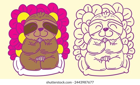 sloth doodle cute animal illustration for book coloring page