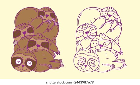 sloth doodle cute animal illustration for book coloring page