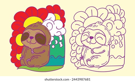 sloth doodle cute animal illustration for book coloring page