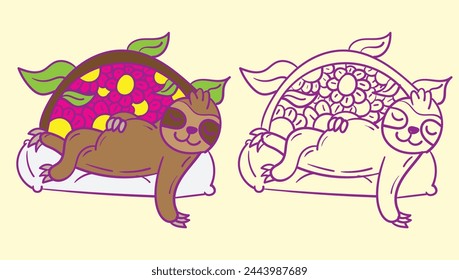 sloth doodle cute animal illustration for book coloring page