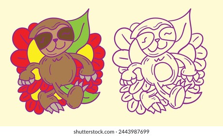 sloth doodle cute animal illustration for book coloring page