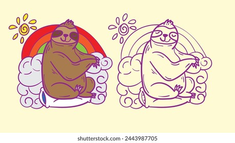 sloth doodle cute animal illustration for book coloring page