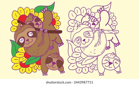 sloth doodle cute animal illustration for book coloring page