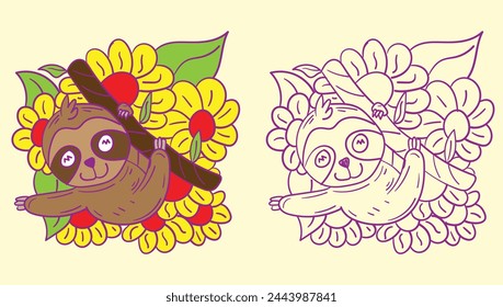sloth doodle cute animal illustration for book coloring page