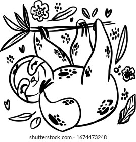 página de colorear dibujada a mano con doodle perezoso. Dibujo animal abstracto al estilo escandinavo. Animales silvestres de selva tropical. Ramas de hierba con hojas, flores y manchas de diseño. Selva tropical 