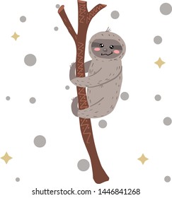 sloth drawn in scandinavian style. Vector. Crawling on the tree.
