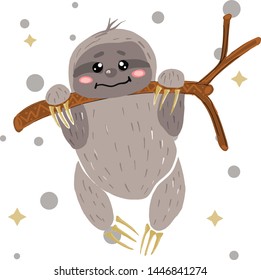 sloth drawn in scandinavian style. Vector. Crawling on the tree.Isolated on white background tropical drawing for textile prints, child poster, cute stationery. 