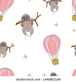 sloth drawn in scandinavian style. Vector. Crawling on the tree.
