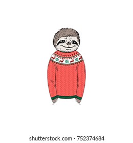 sloth dressed up in funny Christmas sweater, furry art illustration