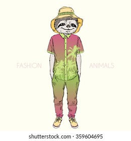 sloth dressed up in hawaiian holidays style, hipster animal, fashion animal illustration, furry art