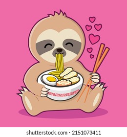Sloth eating bowl of noodles or ramen in hand drawing style.