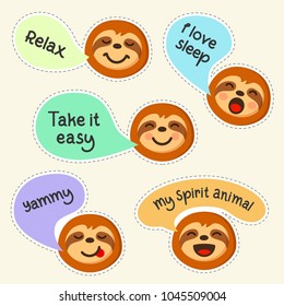 Sloth emoji with quotes set of flat isolated. Sloth cartoon character emoticons drawn in doodle style vector illustration. Emoticon stickers with cartoon sloth character. Patch badges with lazybones