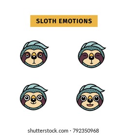 sloth emotion. sad sloth. set of emotion. selection of emotions. character. temperament. emotional condition. sad. cheerful. sloth smiles. facial expressions. happy sloth
