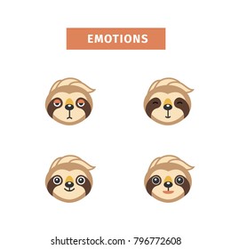 sloth emotion. sad sloth. set of emotion. selection of emotions. character. temperament. emotional condition. sad. cheerful. sloth smiles. facial expressions. happy sloth