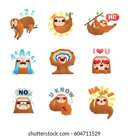 Sloth emotions set of nine isolated doodle style stickers with tree sloth character and text captions vector illustration