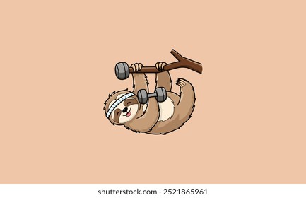 Sloth exercising with dumbbells while hanging from a tree branch.