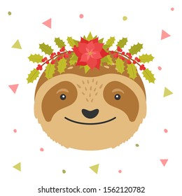 Sloth face with Christmas wreaths on the head. Cute Christmas animal for greeting cards, posters, invitations